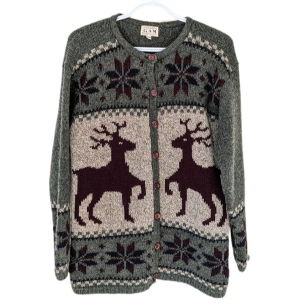 Vintage Deer Snowflakes Cowichan sweater cardigan earthy tones small B3